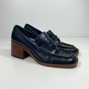 Dolce Vita Talie Classic Black Noir Leather Croco Embossed Block Heel Loafers 8
